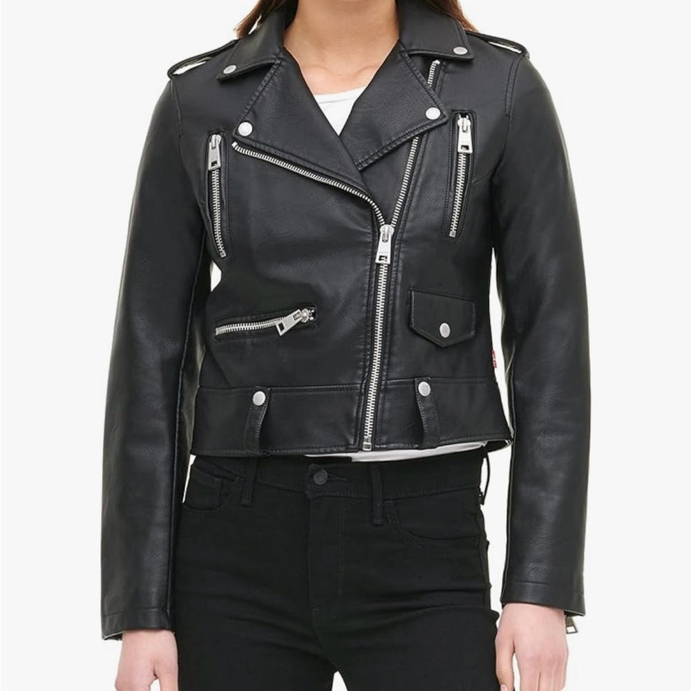 Levi's Black Faux Leather Motorcycle Jacket, Size M